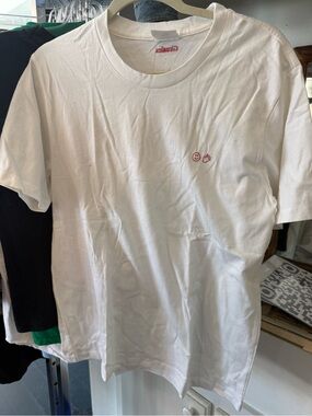Glossier Employee White Tee with Small Pink Smiley Embroidery